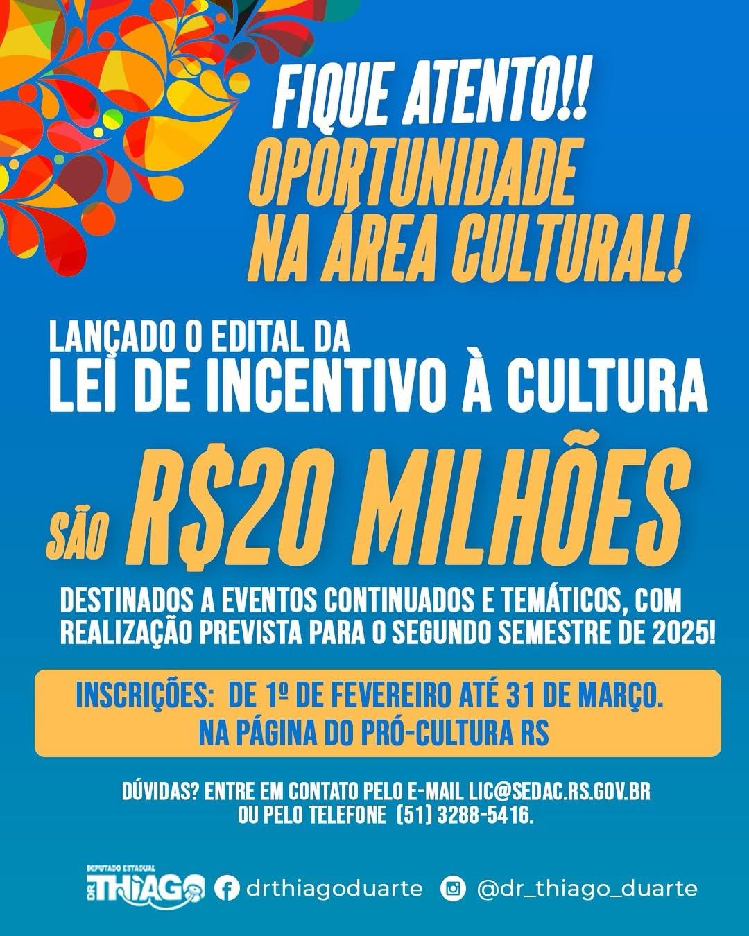 Governo do RS lança edital de R$ 20 milhões para eventos culturais em 2025