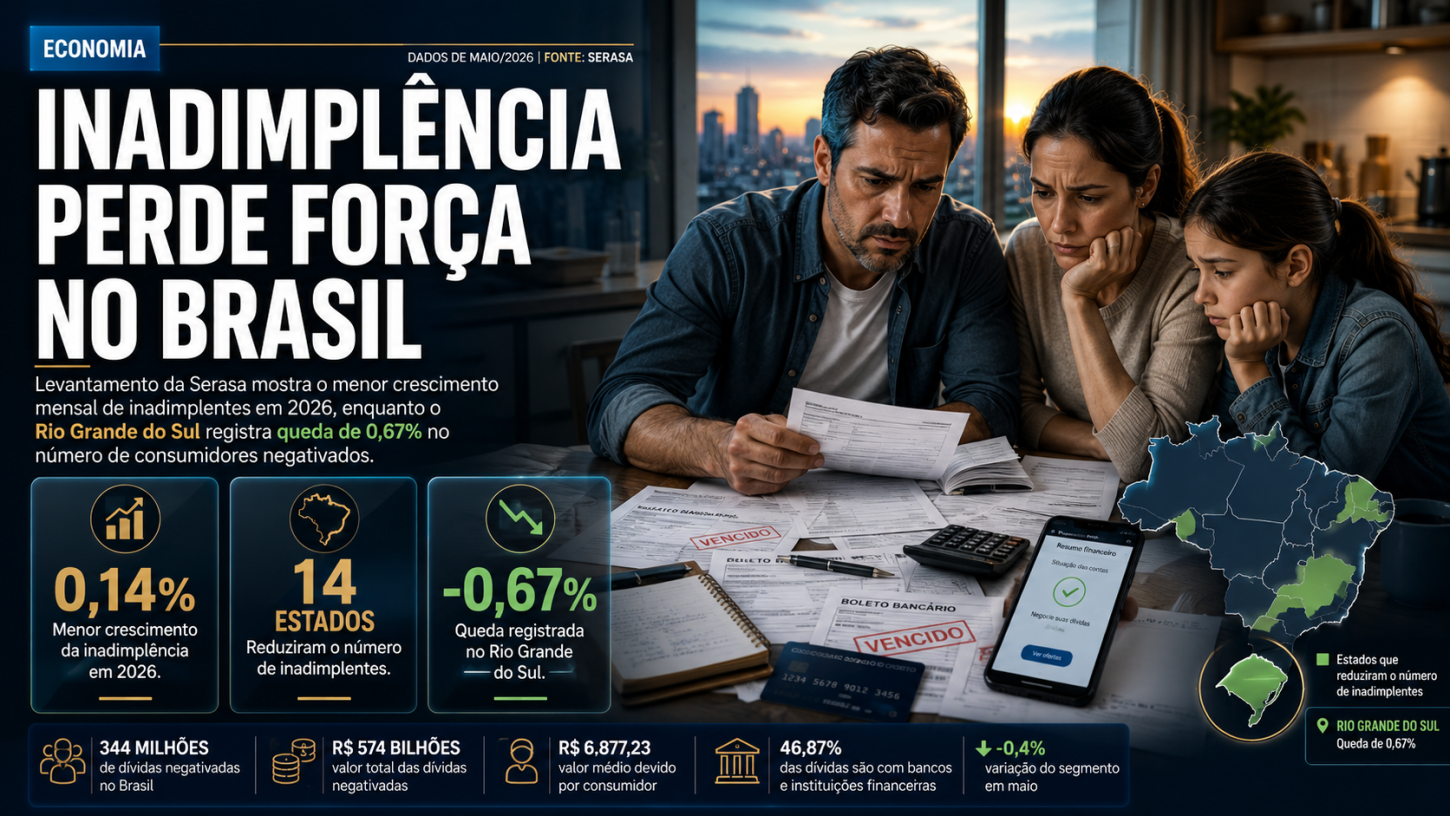 Crescimento da inadimplência desacelera no Brasil, e Rio Grande do Sul registra queda de 0,67% no número de negativados
