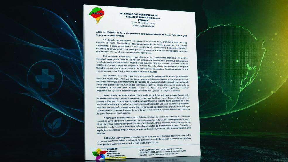 Documento da FEMERGS fortalece Pacto pela Descarbonização e defesa da saúde dos servidores