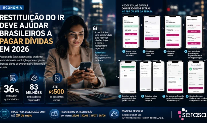 Restituição do Imposto de Renda deve ajudar brasileiros a quitar dívidas e reorganizar finanças em 2026, aponta Serasa
